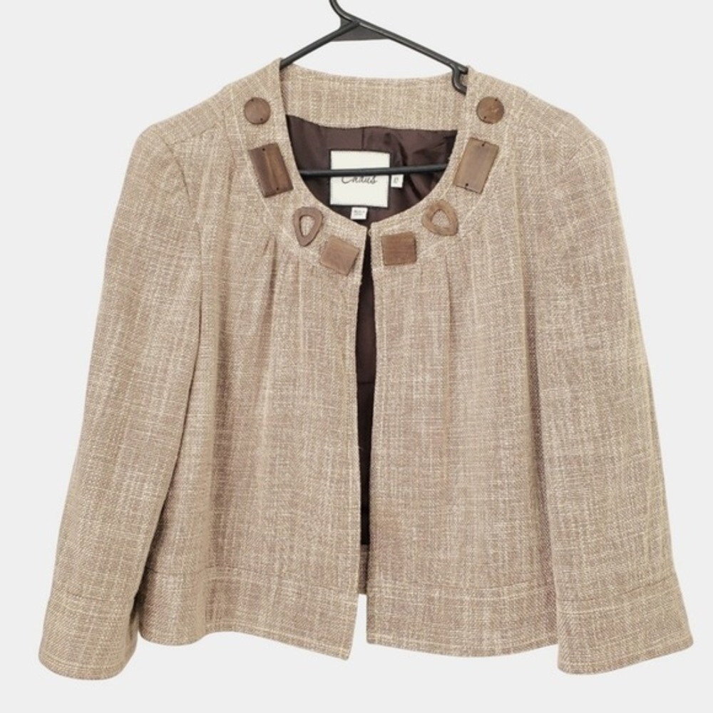 Chaus Beaded Cropped Relaxed Jacket Open‎ Front Collarless Classic Brown Sz:10